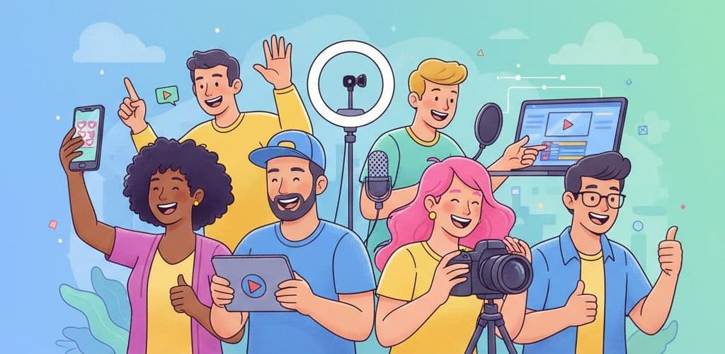 Diverse content creators with cameras, phones, and equipment creating content